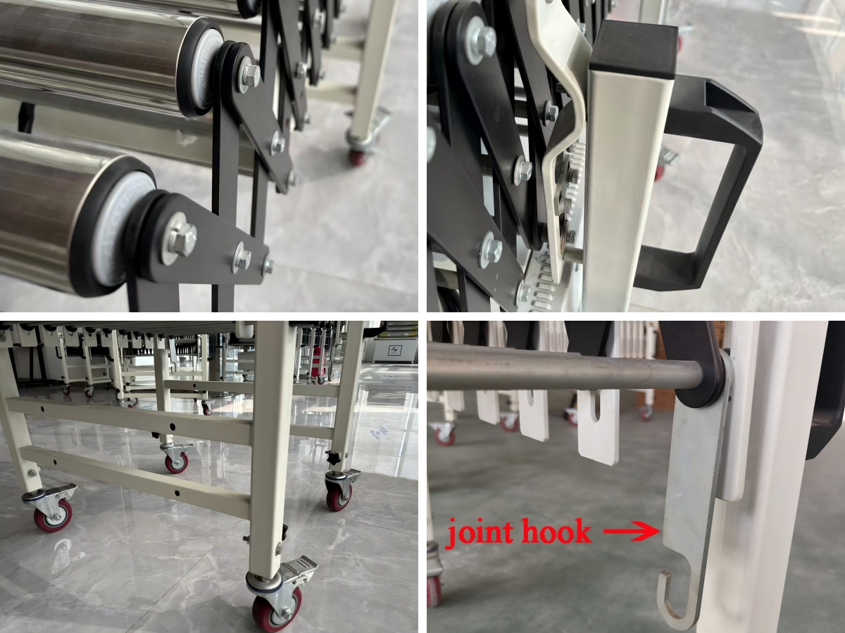 details of flexible expandable gravity roller conveyor détails du convoyeur à rouleaux à gravité extensible et flexible