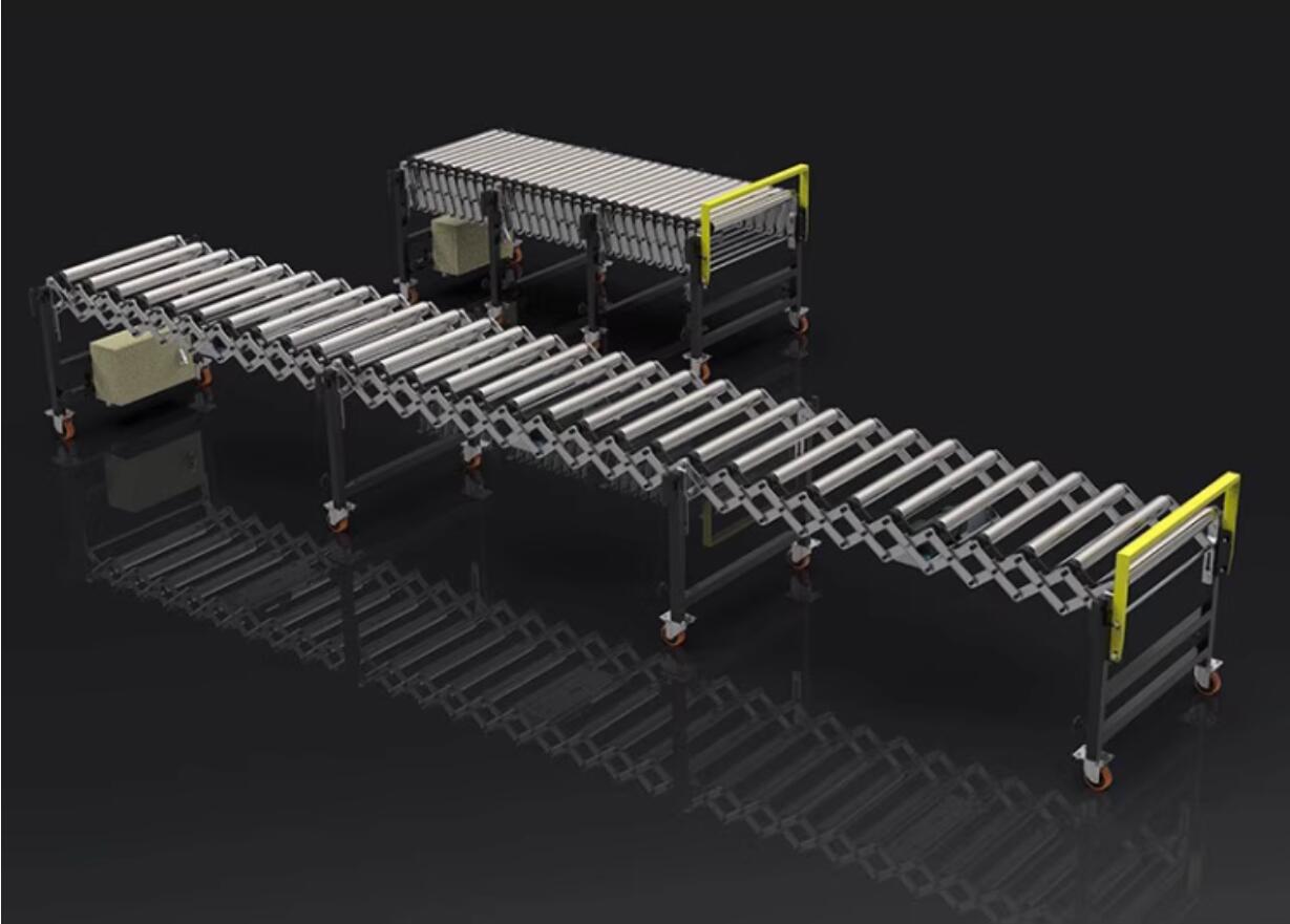 flexible expandable gravity roller conveyor – comparison of retracted and extended states convoyeur à rouleaux gravitaire flexible et extensible – comparaison des états rétracté et étendu
