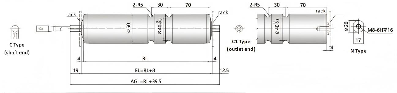 DGBL50A Dimensions du rouleau d'entra&icirc;nement du moteur rainur&eacute;
