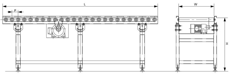 Convoyeur &agrave; rouleaux entra&icirc;n&eacute; par courroie &agrave; rainure en O
