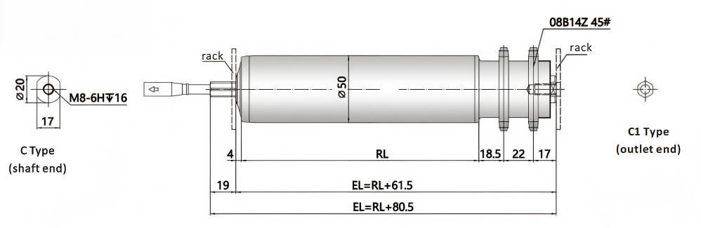 Dimensions du rouleau entra&icirc;n&eacute; par moteur DGBL50A