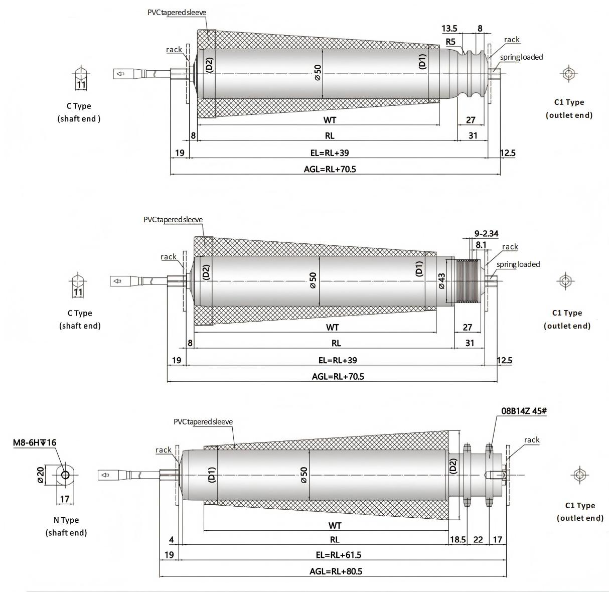 DGBL50A Dimensions des rouleaux entra&icirc;n&eacute;s au moteur conique DGBL50A